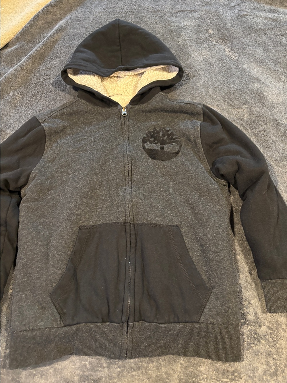 Timberland Boys' Gray Sherpa-Lined Zip Hoodie Lightweight Jacket Boys size M